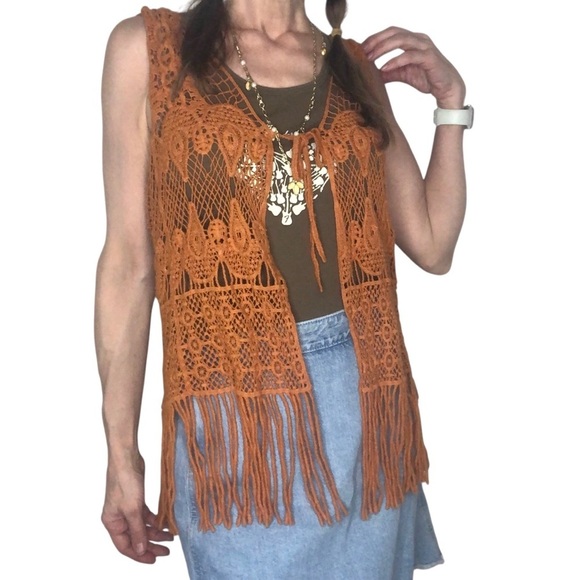 Kontrol Contemporary Boho Crochet Vest Sz S Sienna Brown Fringe Western Festival - Picture 3 of 10